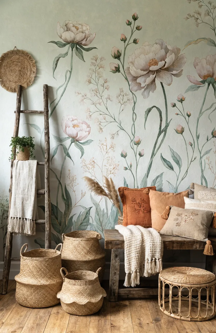 A nursery or bedroom featuring a soft and dreamy floral accent wall in pastel colors.