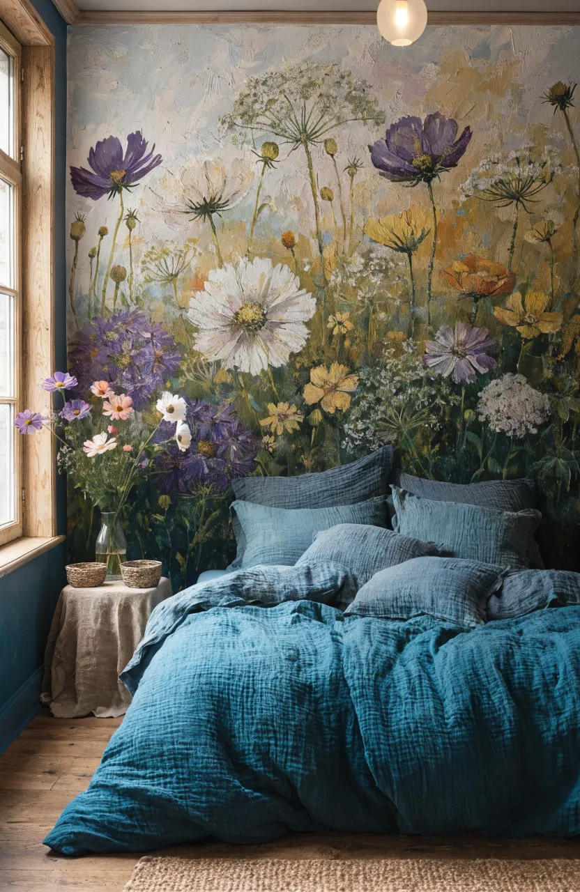 Soft floral boho overlays on a wall creating a dreamy and ethereal bedroom atmosphere.