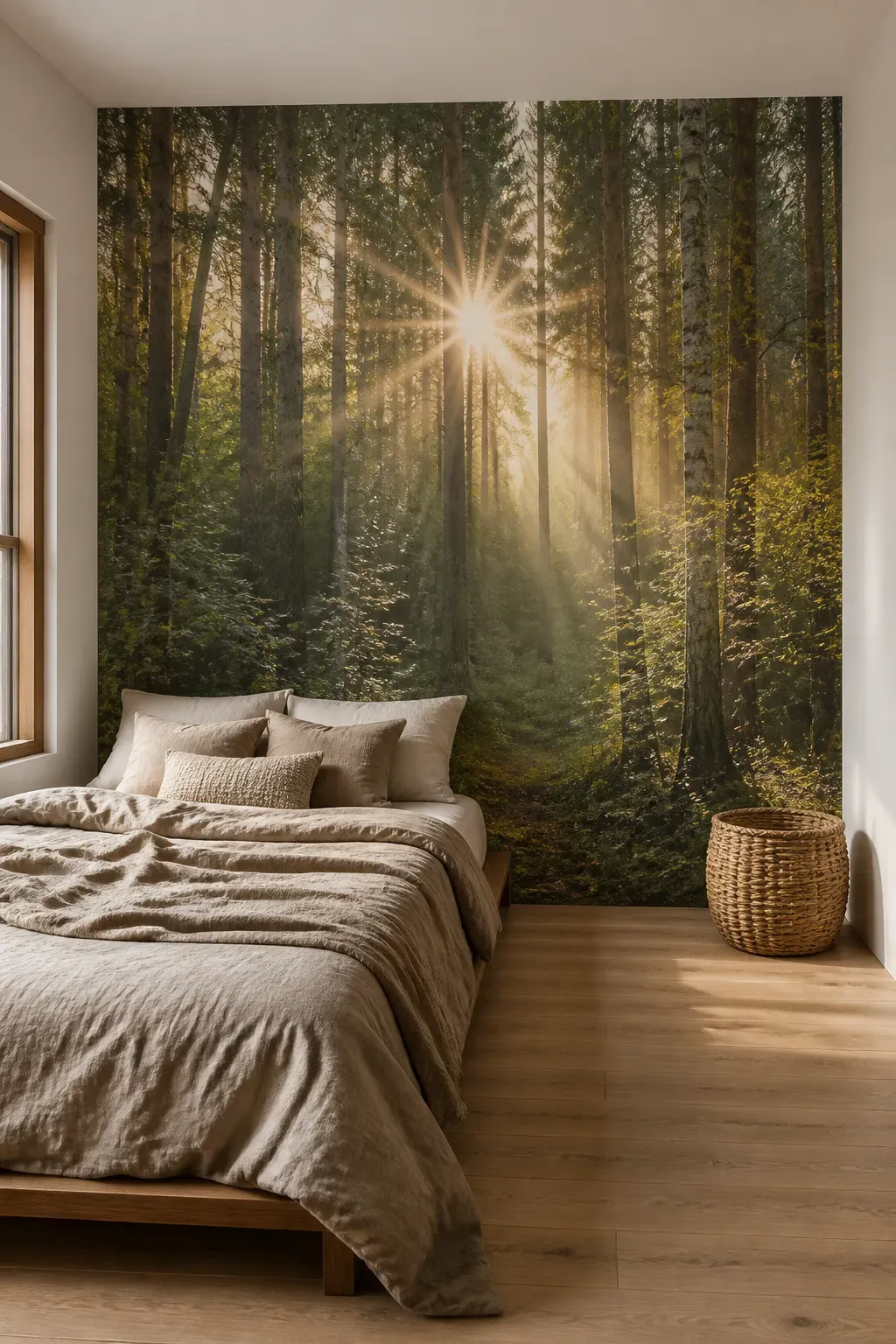Light gray bedroom mural featuring a delicate border of trees at the bottom of the wall.