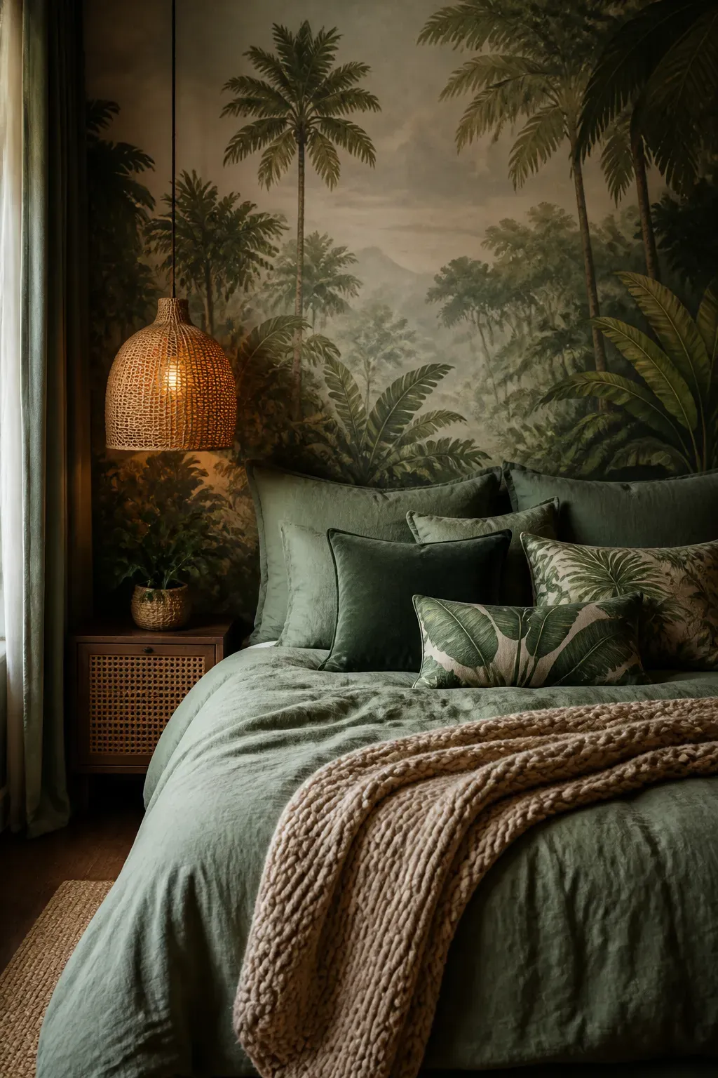 Luxurious primary bedroom featuring a large scale forest landscape mural and elegant linens.