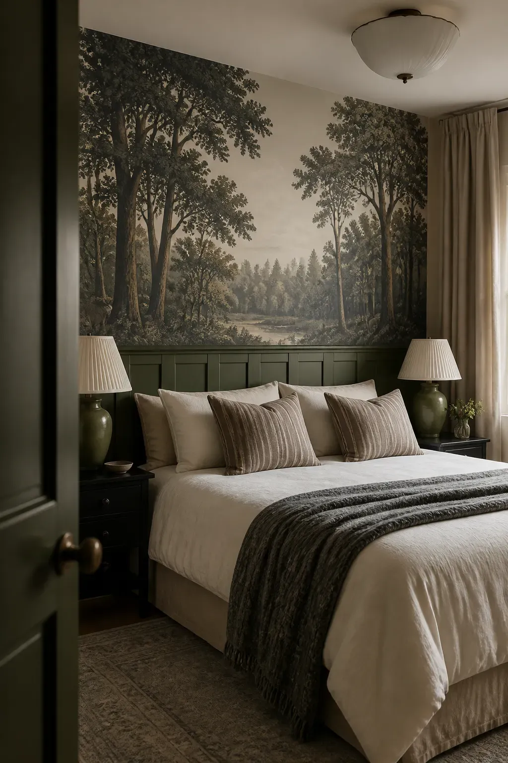 Wallpaper with thick tree trunks that appear to wrap around the corners of a bedroom.
