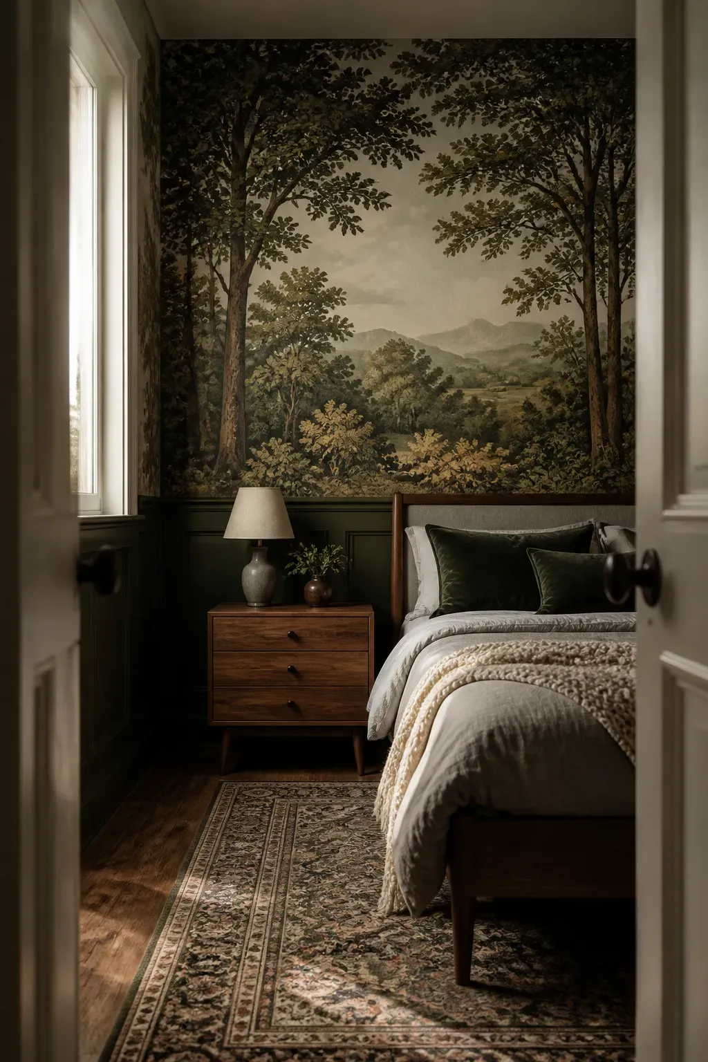 Wallpaper showing multiple layers of tree silhouettes in varying shades of blue to create a 3D effect.