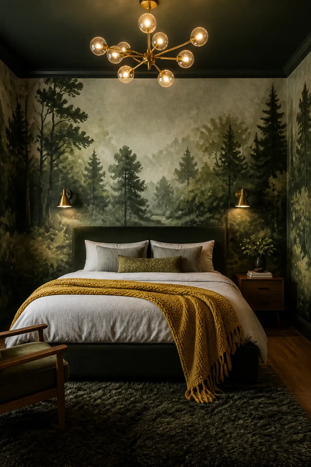 Bedroom mural with misty trees in soft pink, lavender, and mint green tones.