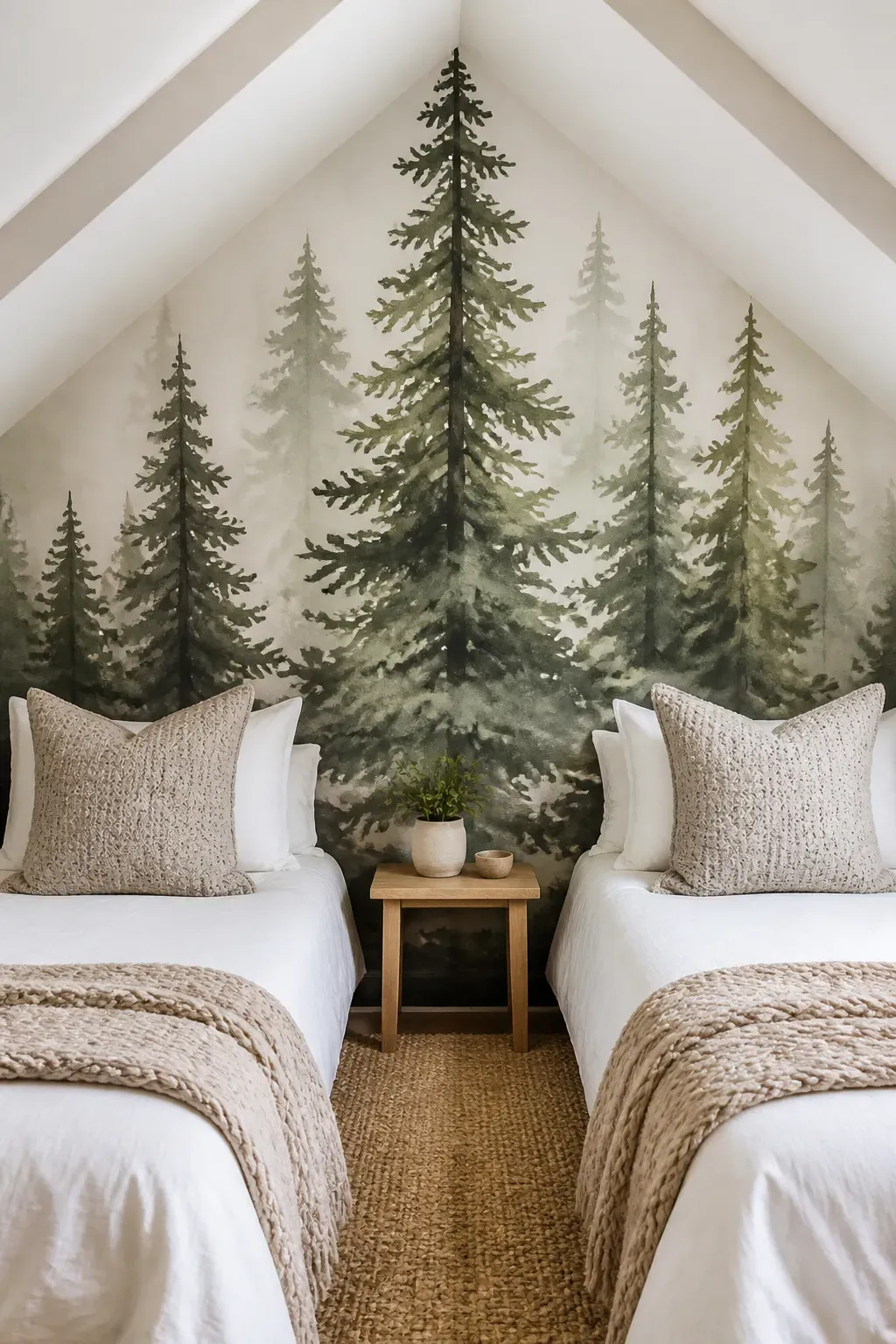 Guest bedroom where the forest mural colors are echoed in the pillows and bedspread.