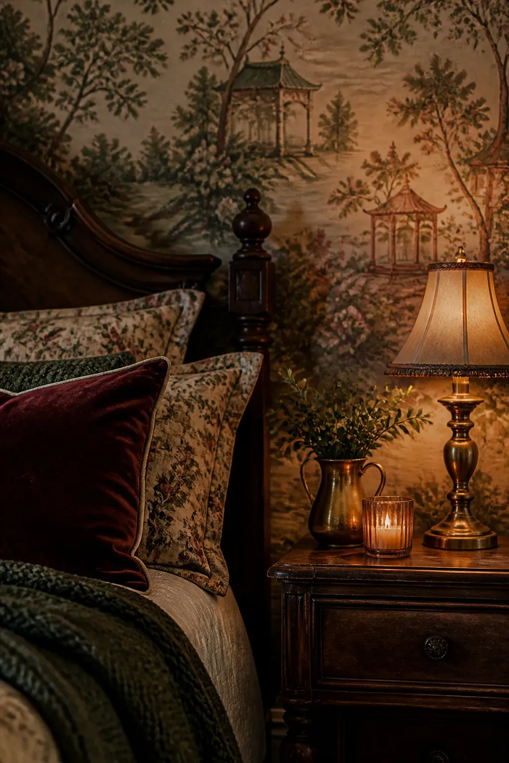 Vintage style wallpaper featuring black and white etched forest illustrations reminiscent of old books.