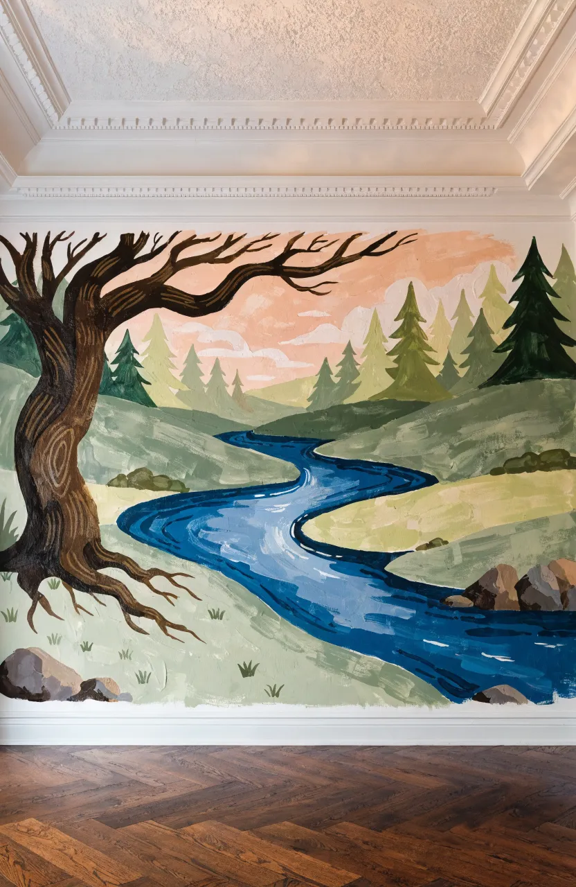 A detailed jungle-themed mural with tigers and monkeys above a child's bed.