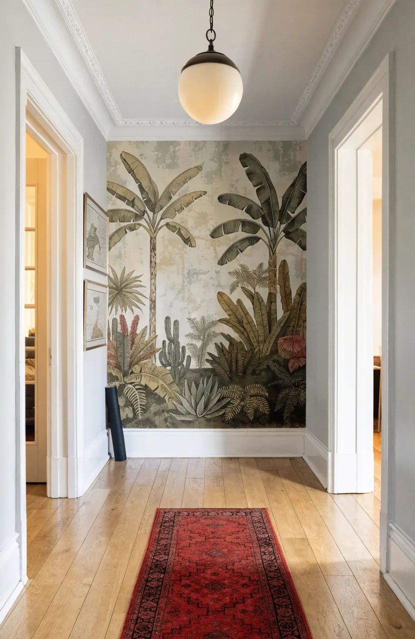 A narrow hallway brightened by a light-colored tropical plant mural.