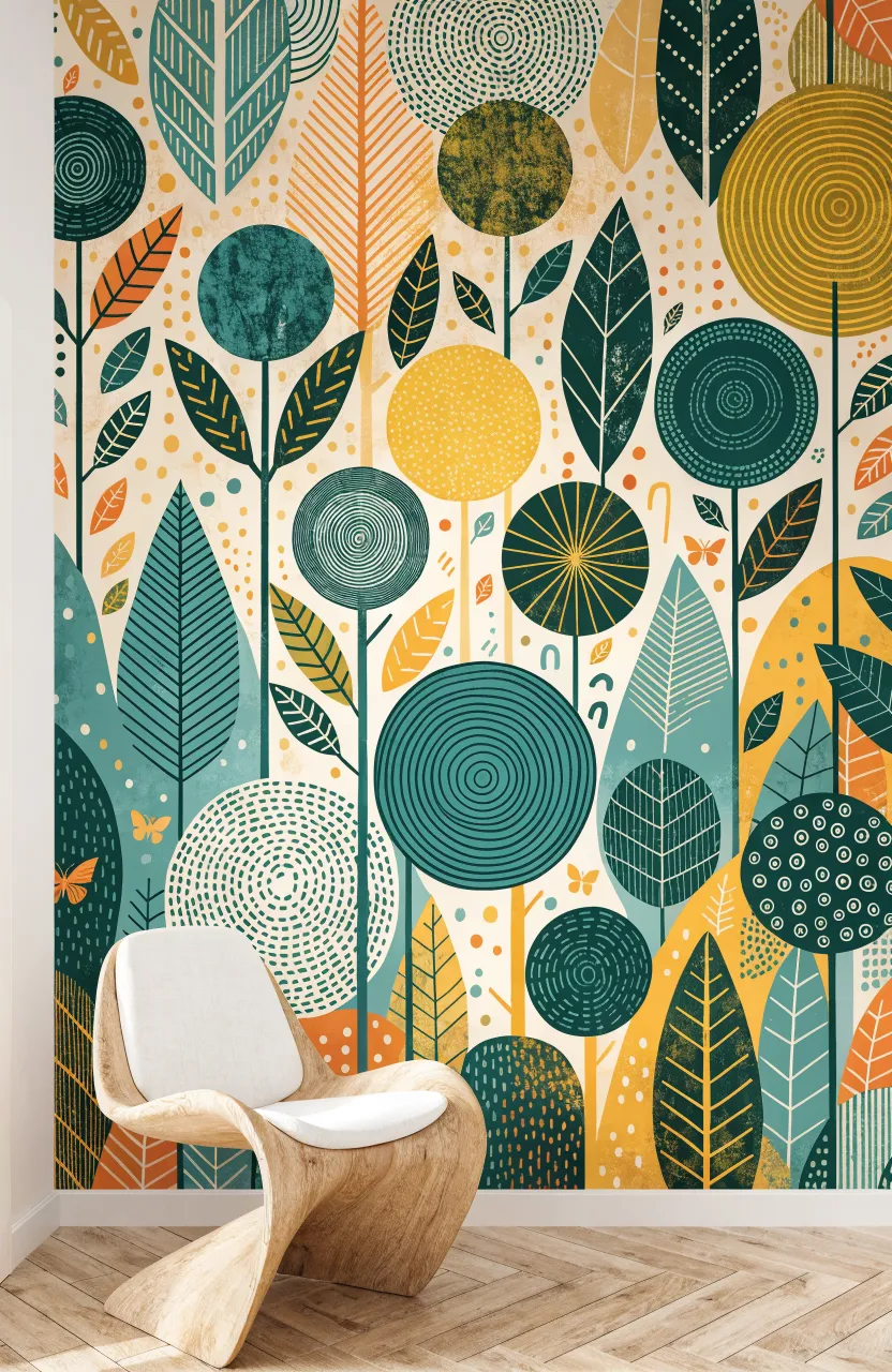 An artistic living room featuring a lush botanical mural and modern furniture.