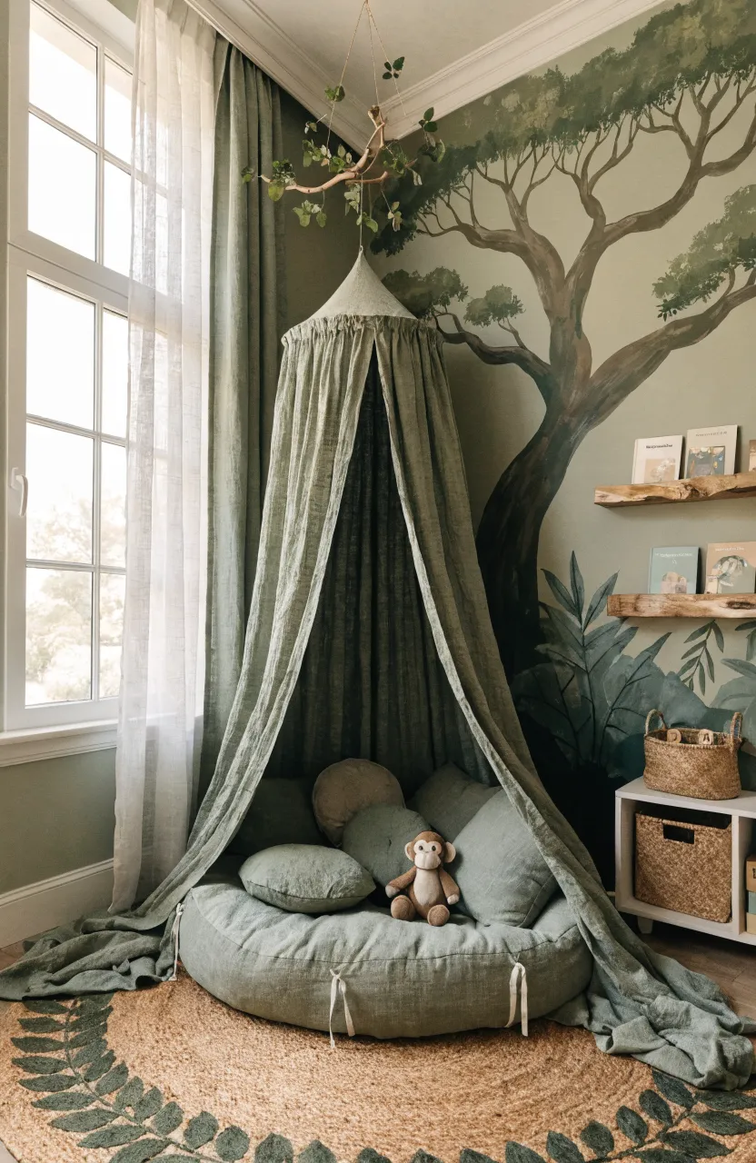 A nursery with beige and cream leaf patterns on the walls.