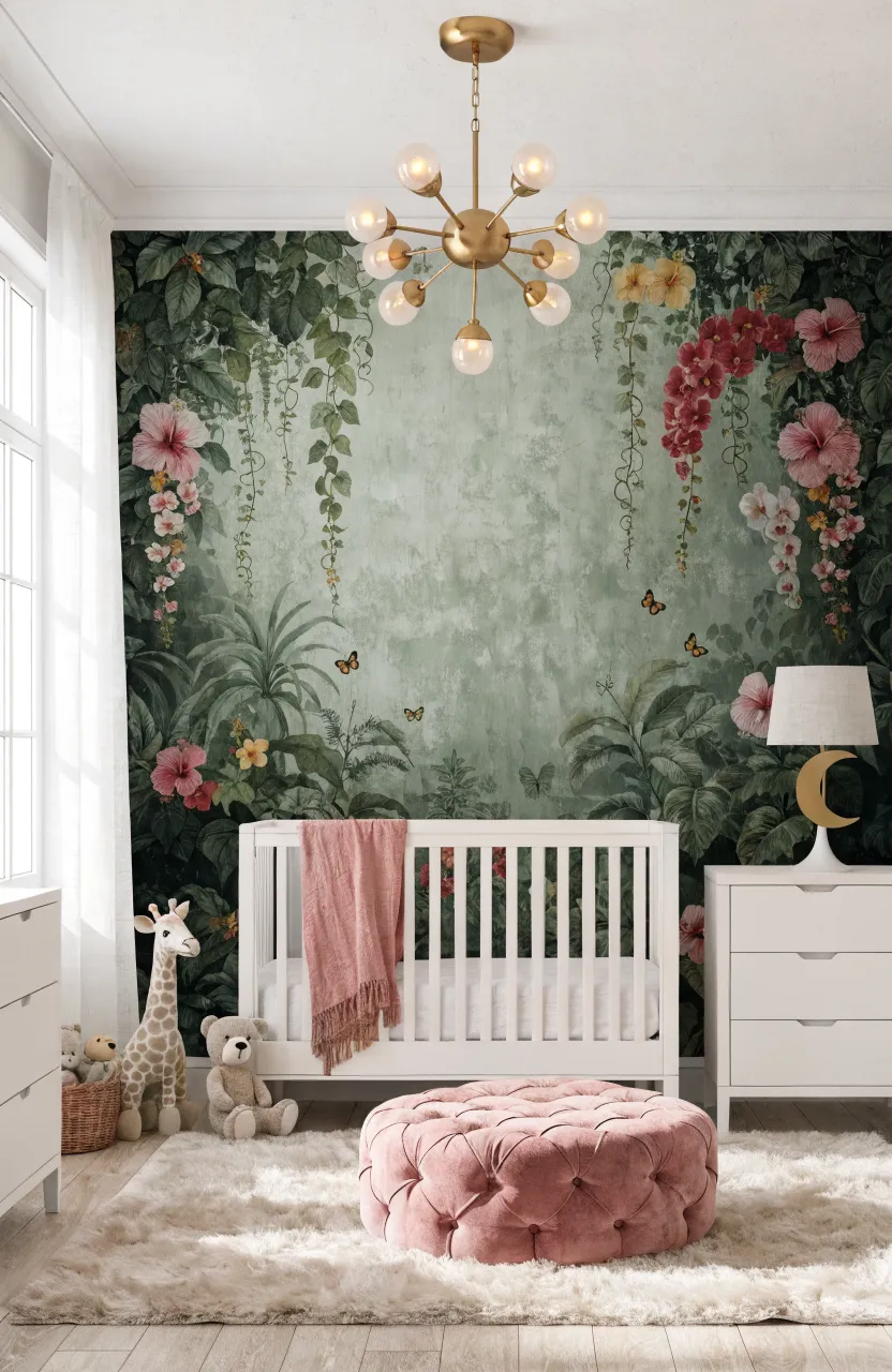 Pastel woodland scene mural behind a white crib with soft blankets.