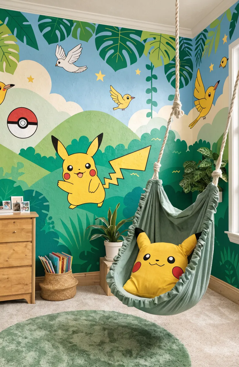 A vibrant kid's bedroom with jungle leaf wallpaper and playful animal accents.
