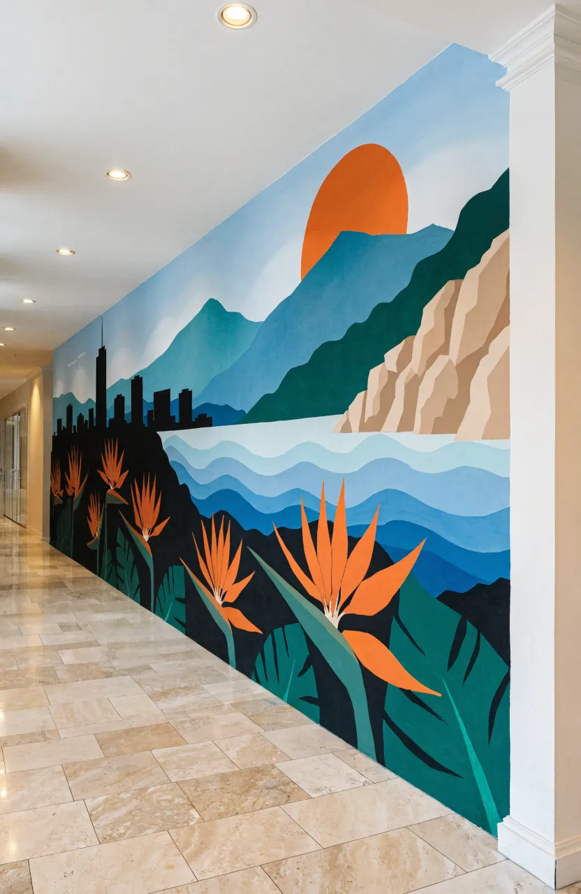 A master bedroom featuring a golden hour tropical sunset mural behind the headboard.