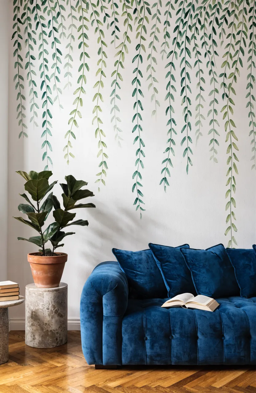A cozy living room with a large wall mural depicting desert plants and botanical shapes.