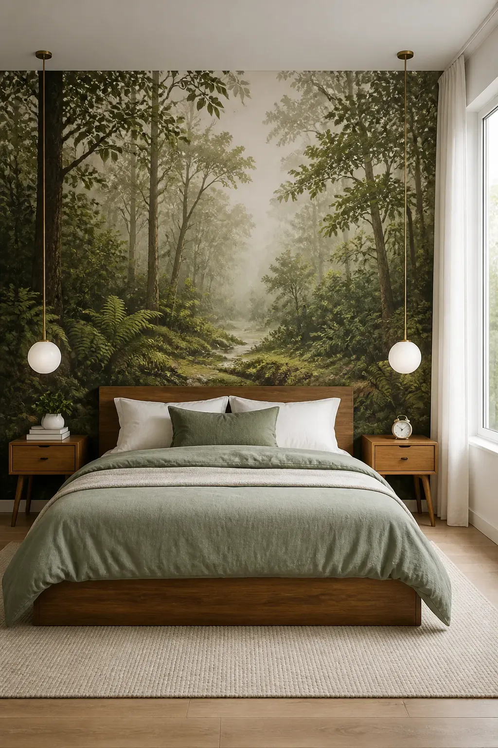 A vibrant green forest mural with detailed leaves and ferns creating a lush jungle-like appearance.
