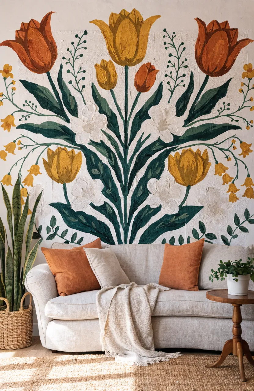 A mid-century modern living room with a tropical palm leaf mural and vintage furniture.