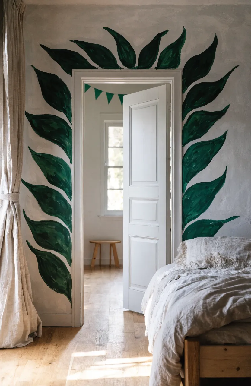 White wall with simple black line art depicting various leaf shapes.