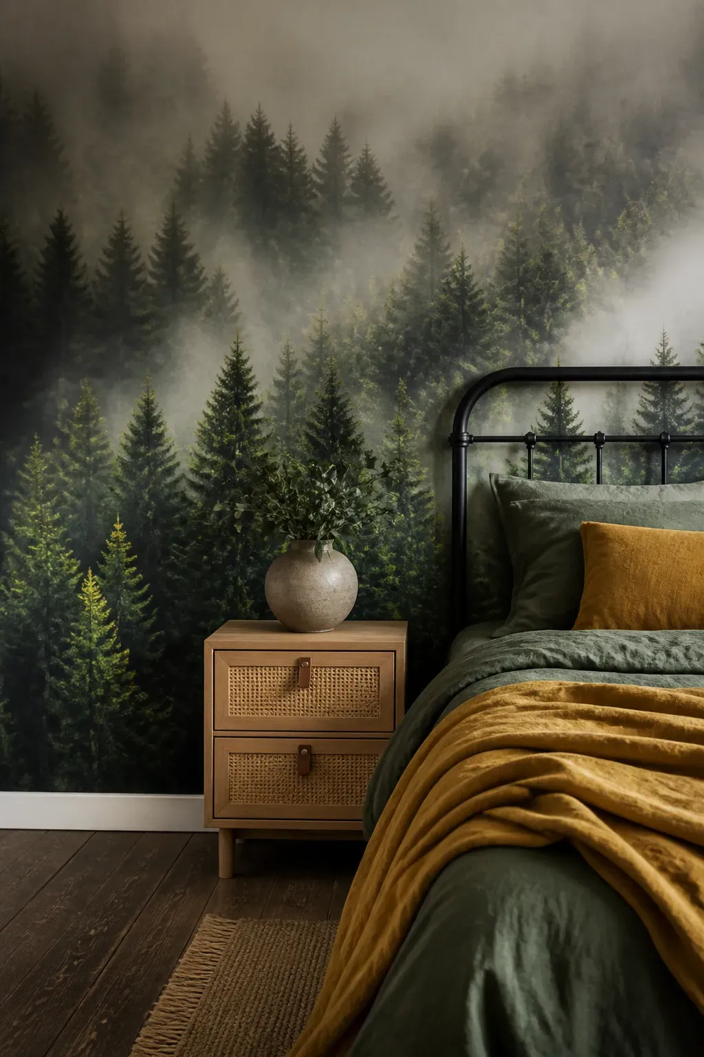 Minimalist mural showing layers of mountain peaks and pine trees in a monochromatic blue theme.