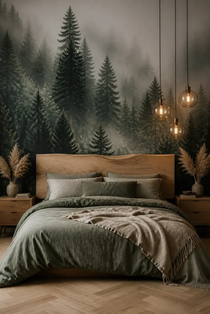 A serene mural of a pine forest shrouded in thick morning mist behind a wooden bed frame.