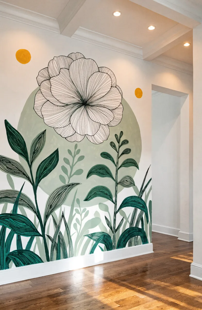 A wall mural featuring artistic, hand-painted brushstrokes forming abstract plant shapes.