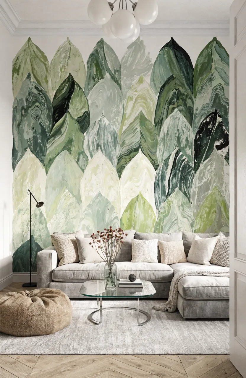 A minimalist living room with abstract green shapes and plant silhouettes on the wall.