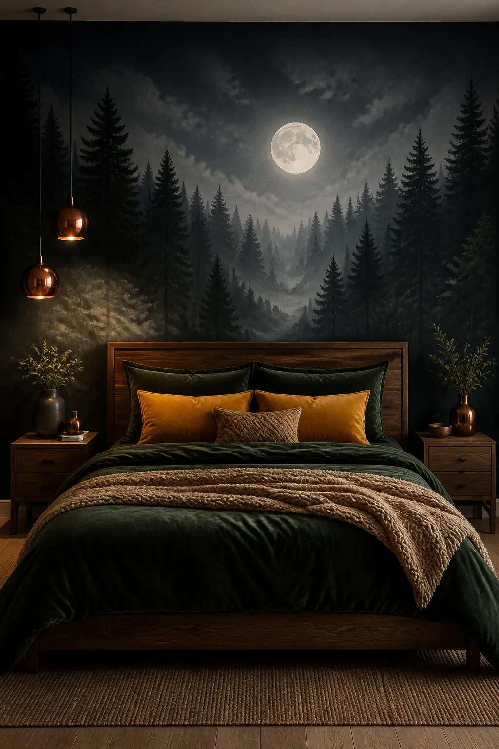 Dark nocturnal forest wallpaper featuring a large glowing moon rising above the treeline.