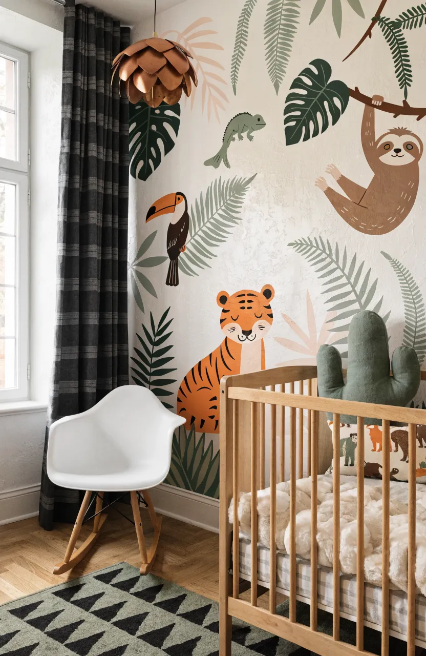 A modern nursery with minimalist animal wall art and sustainable wooden furniture.