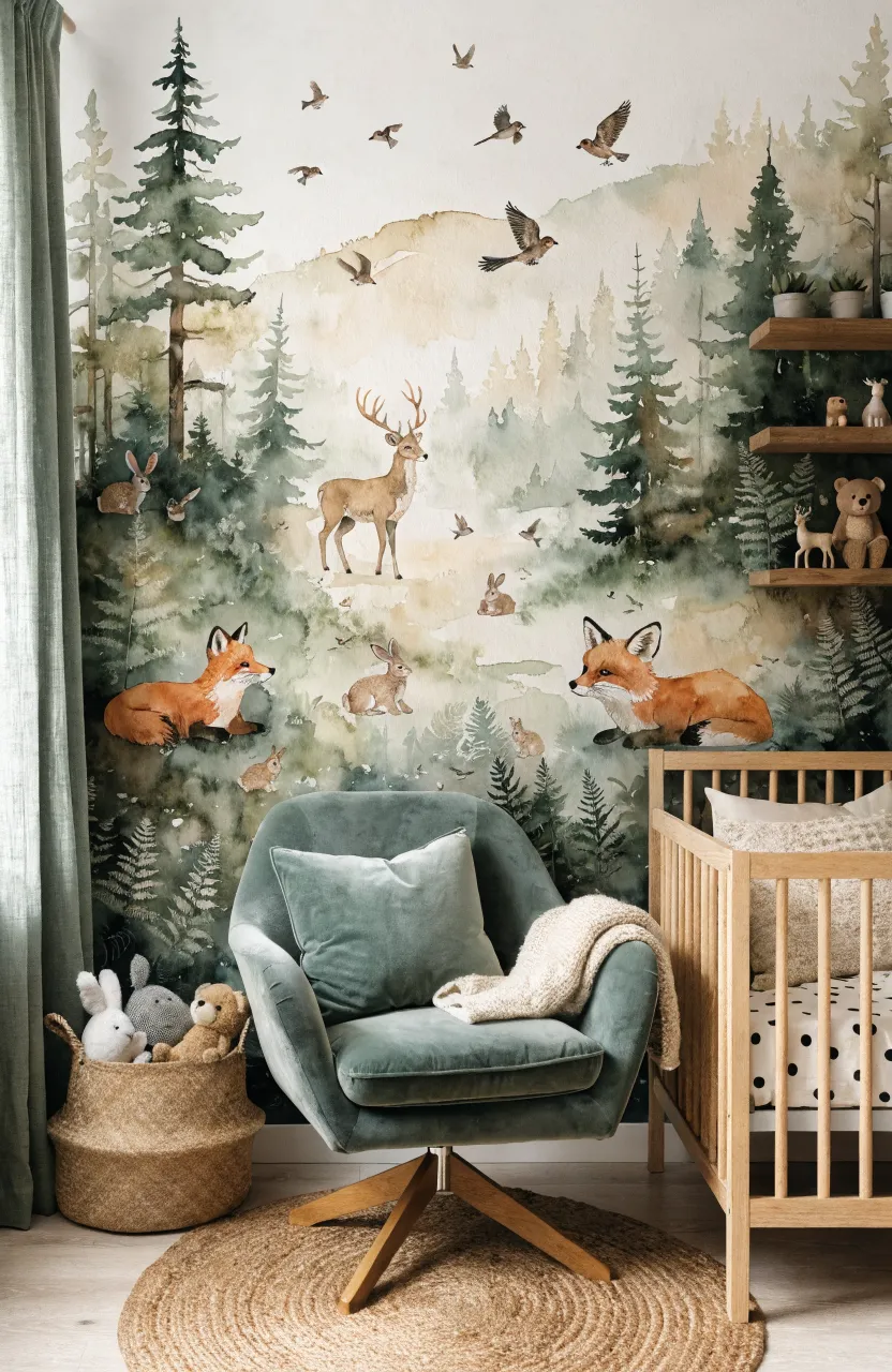 Soft-toned forest mural with woodland animals in a child's playroom.