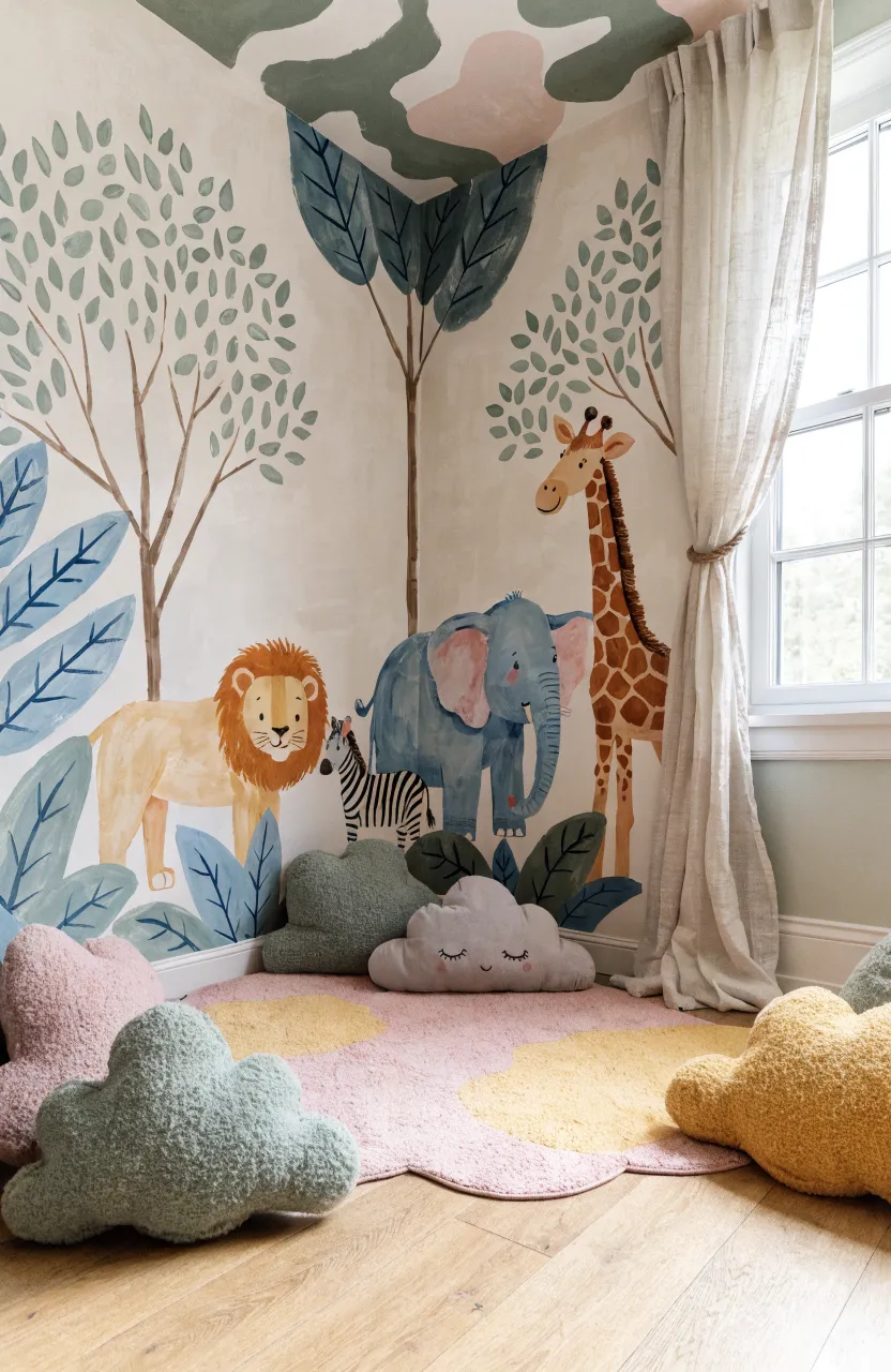 Nursery wall featuring cute lions, giraffes, and elephants among tropical leaves.