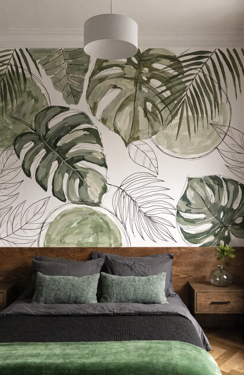 A bedroom wall painted with oversized dark green leaves creating a jungle-like canopy.