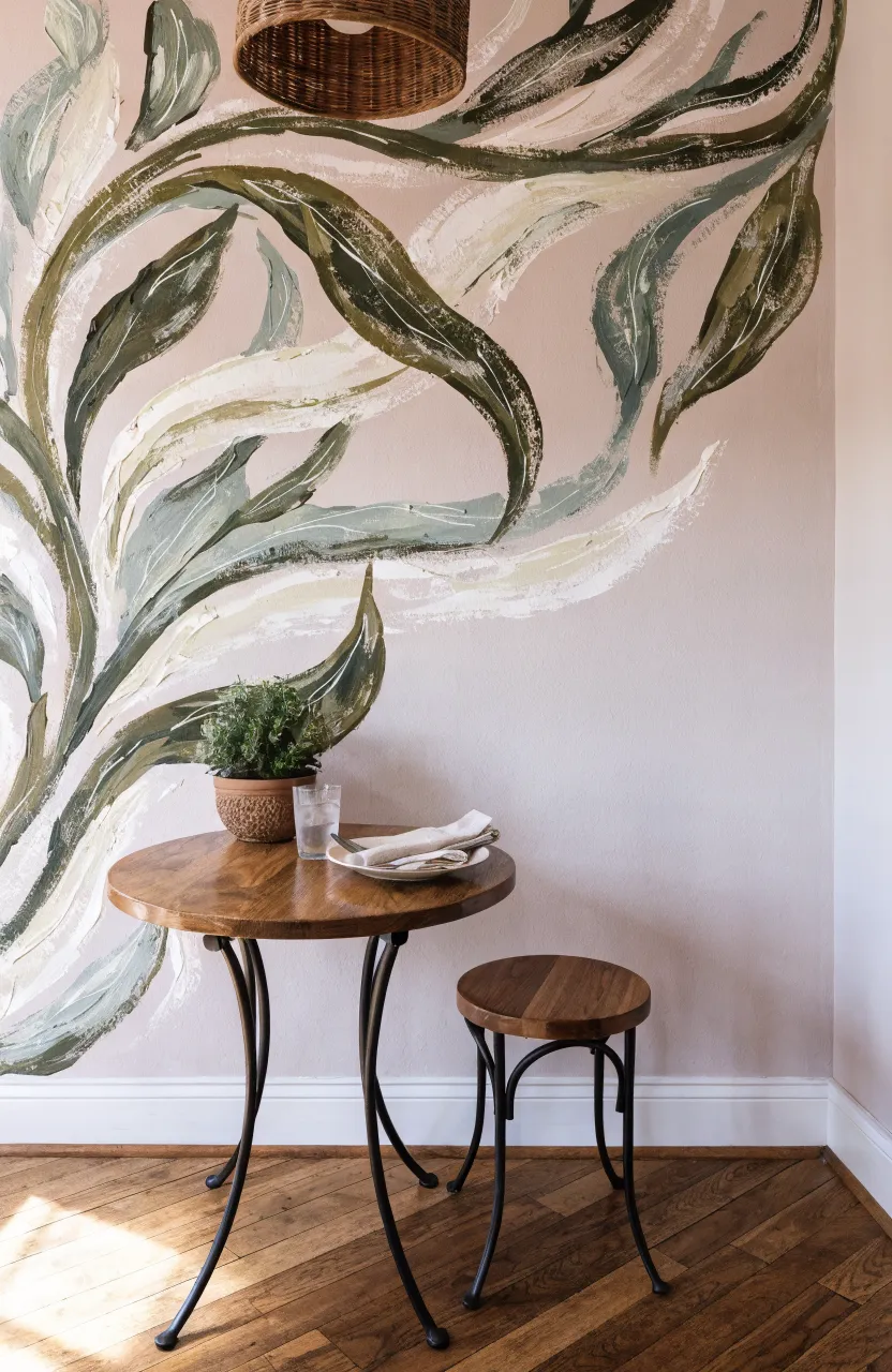 A small dining area with organic, flowing botanical shapes painted on the wall.