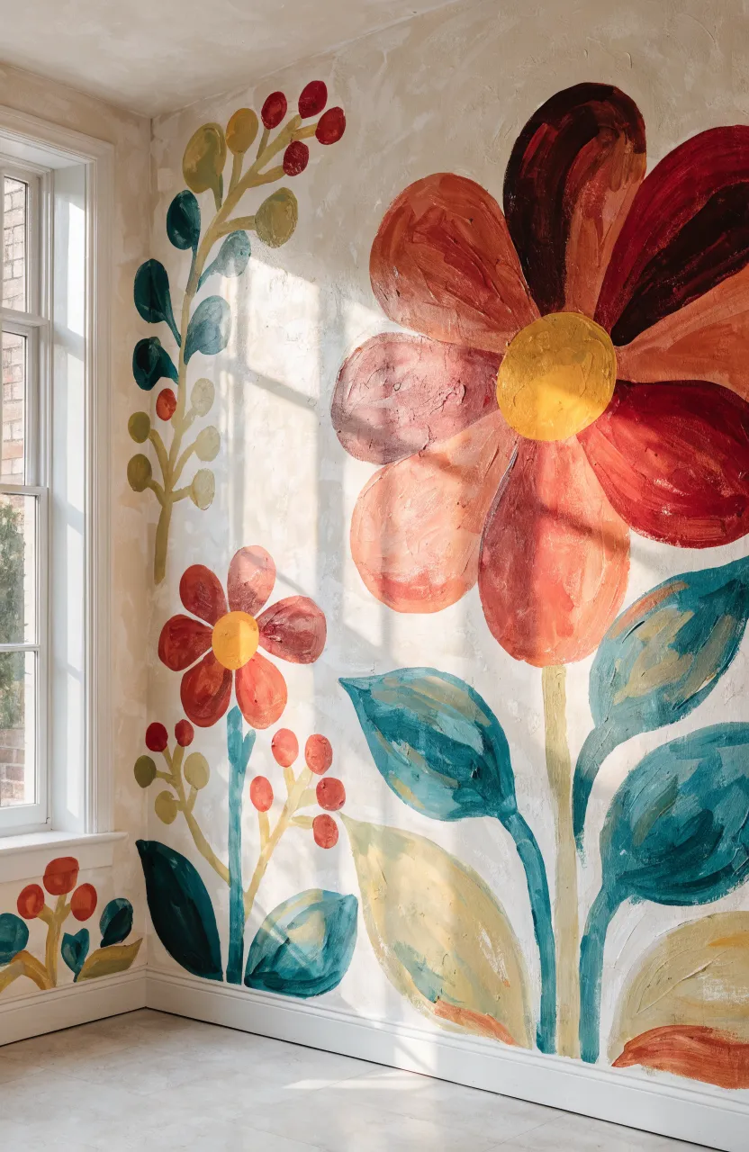 A feature wall with vintage-style botanical illustrations and warm orange and brown tones.