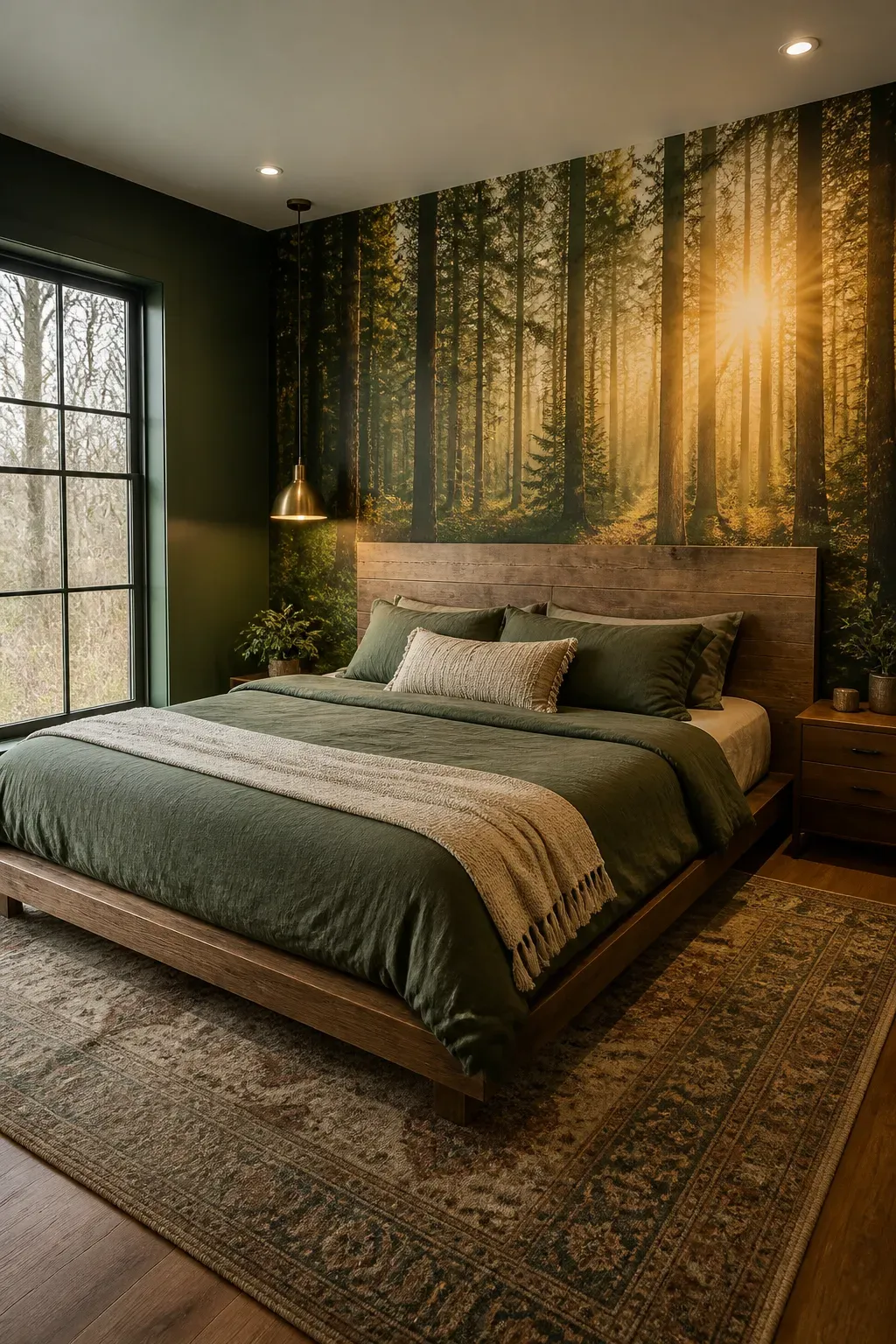 Expansive mountain and forest vista mural positioned directly behind a bed frame.