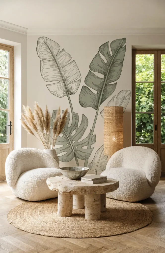 A wall mural with soft sage green leaves and subtle line art for a peaceful bedroom.