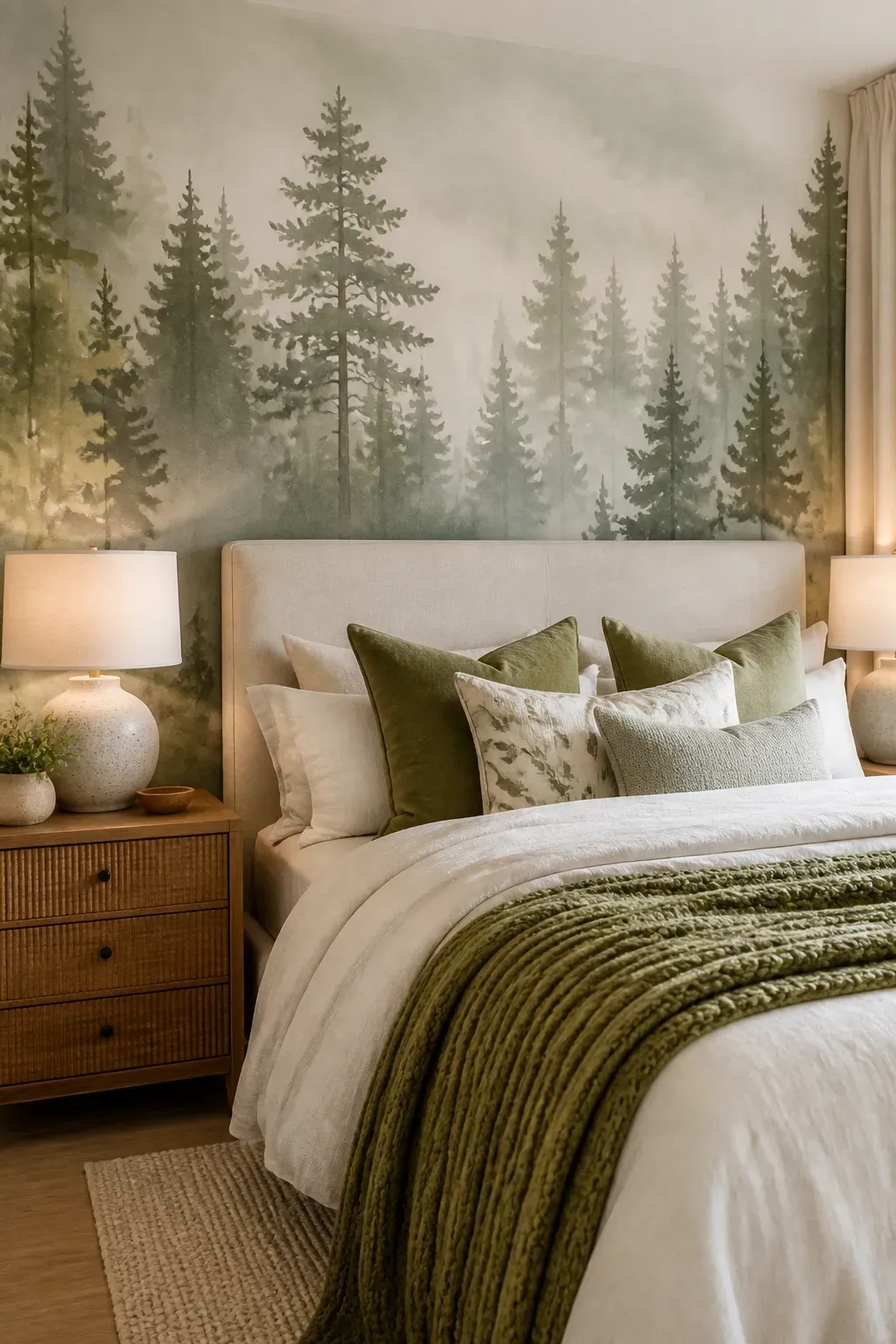 Pale watercolor forest wallpaper with bleeding edges and soft pastel colors in a bright bedroom.