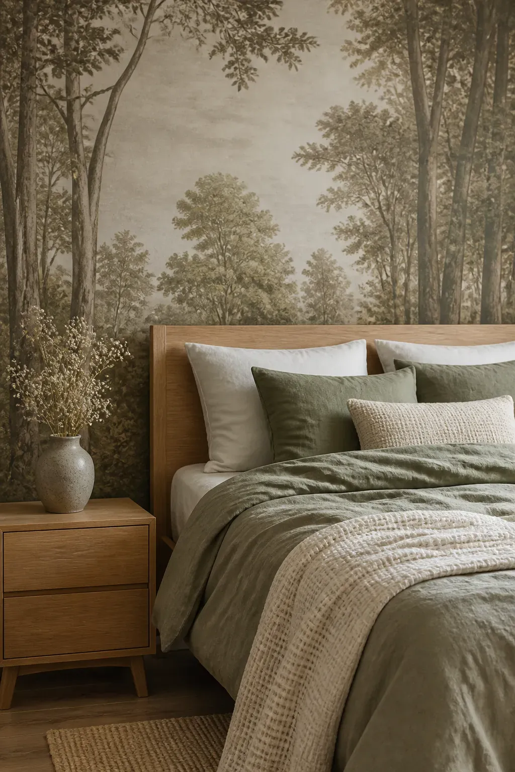 Modern bedroom with a subtle nature-inspired mural featuring delicate birch tree trunks.