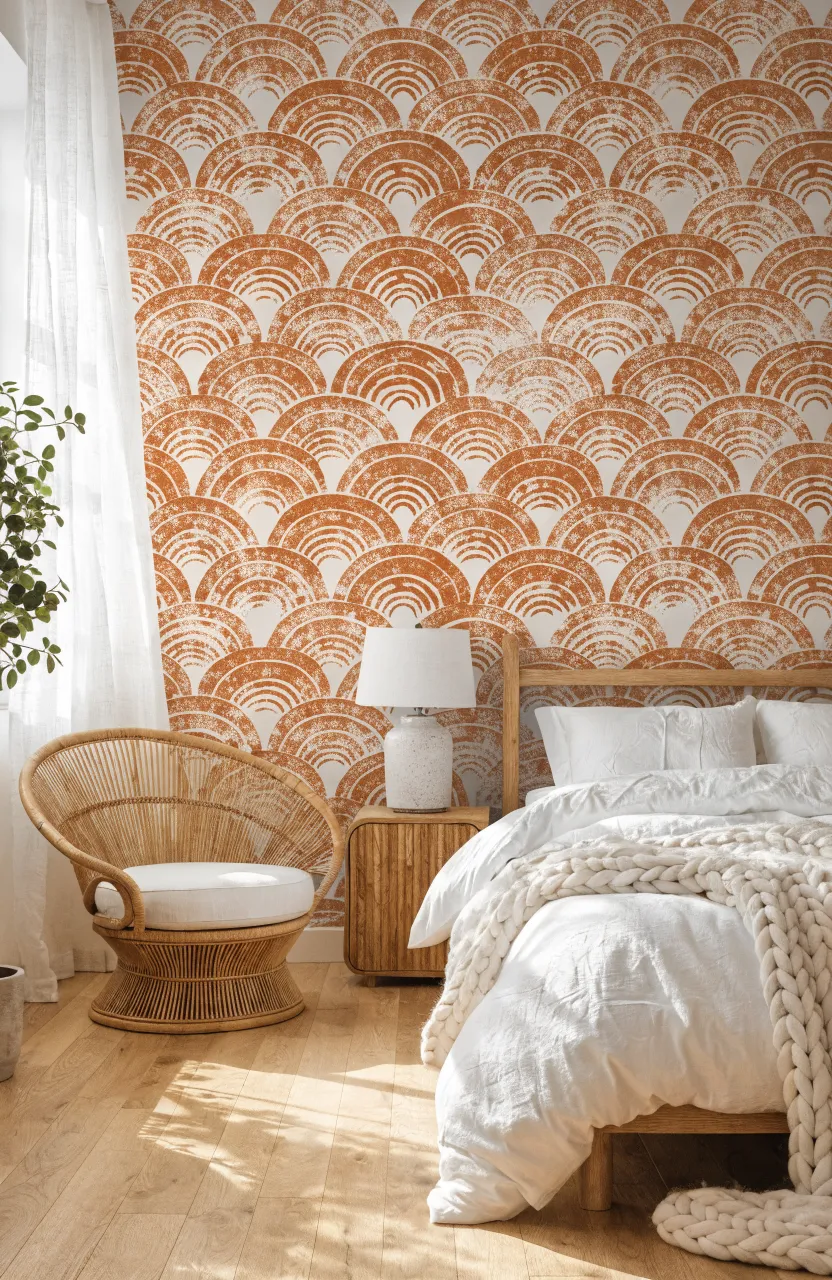 Bright room with coastal decor and a terracotta sun pattern mural over a desk.