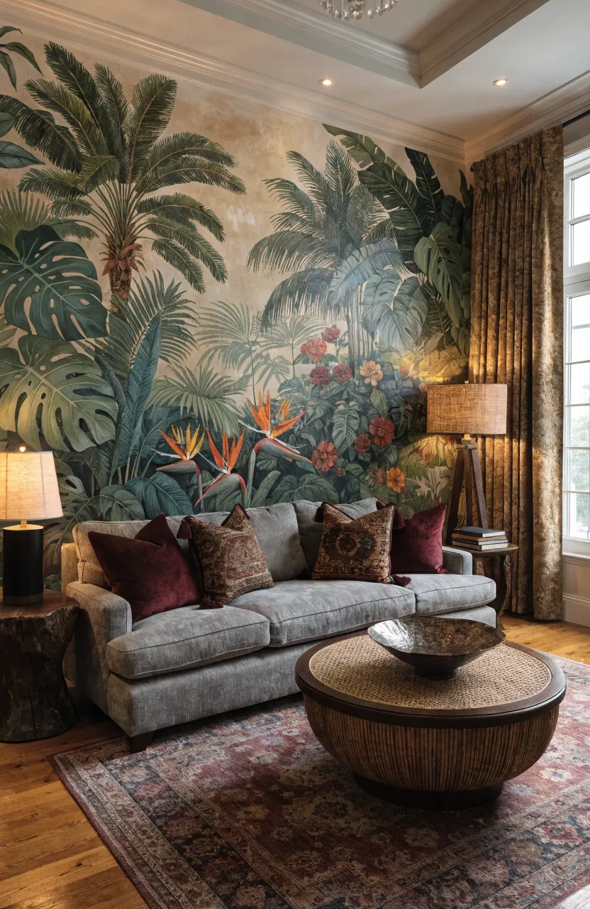 A formal living room with large scale banana leaf wallpaper.