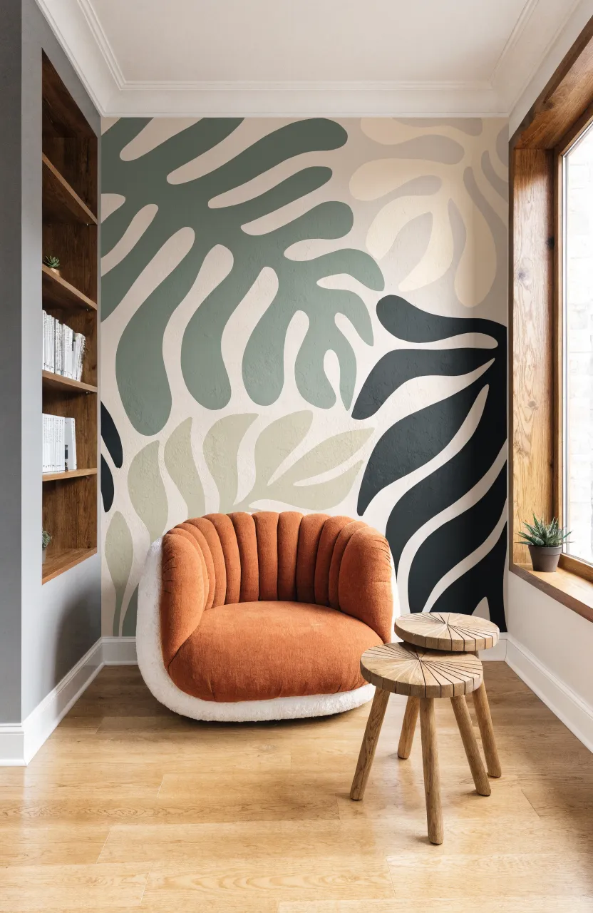 A cozy corner chair surrounded by dark botanical wallpaper and potted plants.