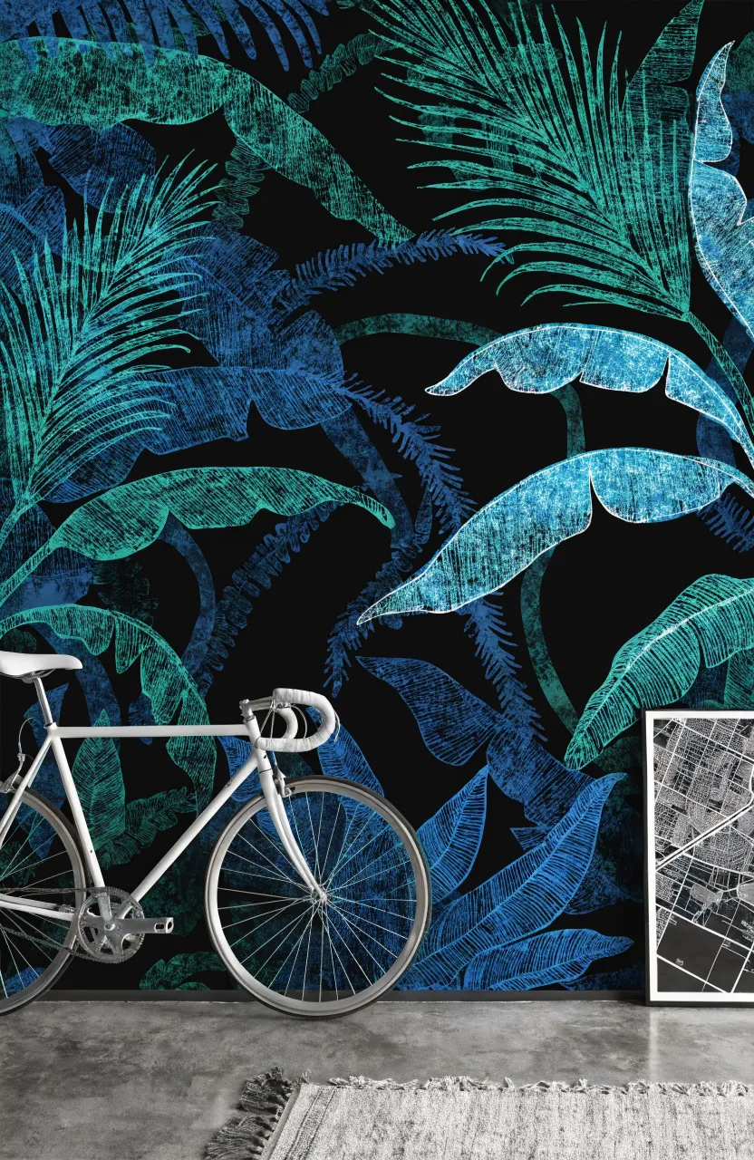 A modern dining area with a graphic botanical accent wall.