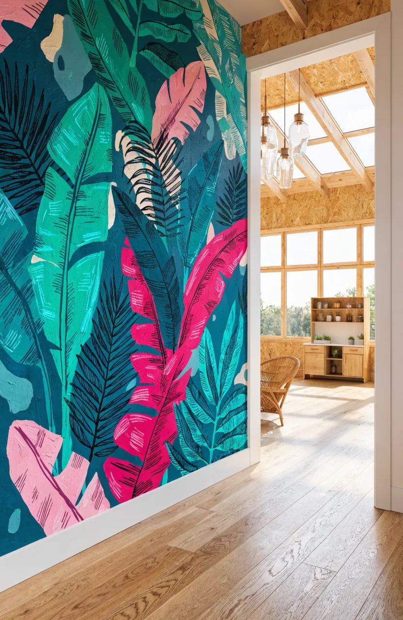 Graphic black and white jungle mural in a bright modern playroom.