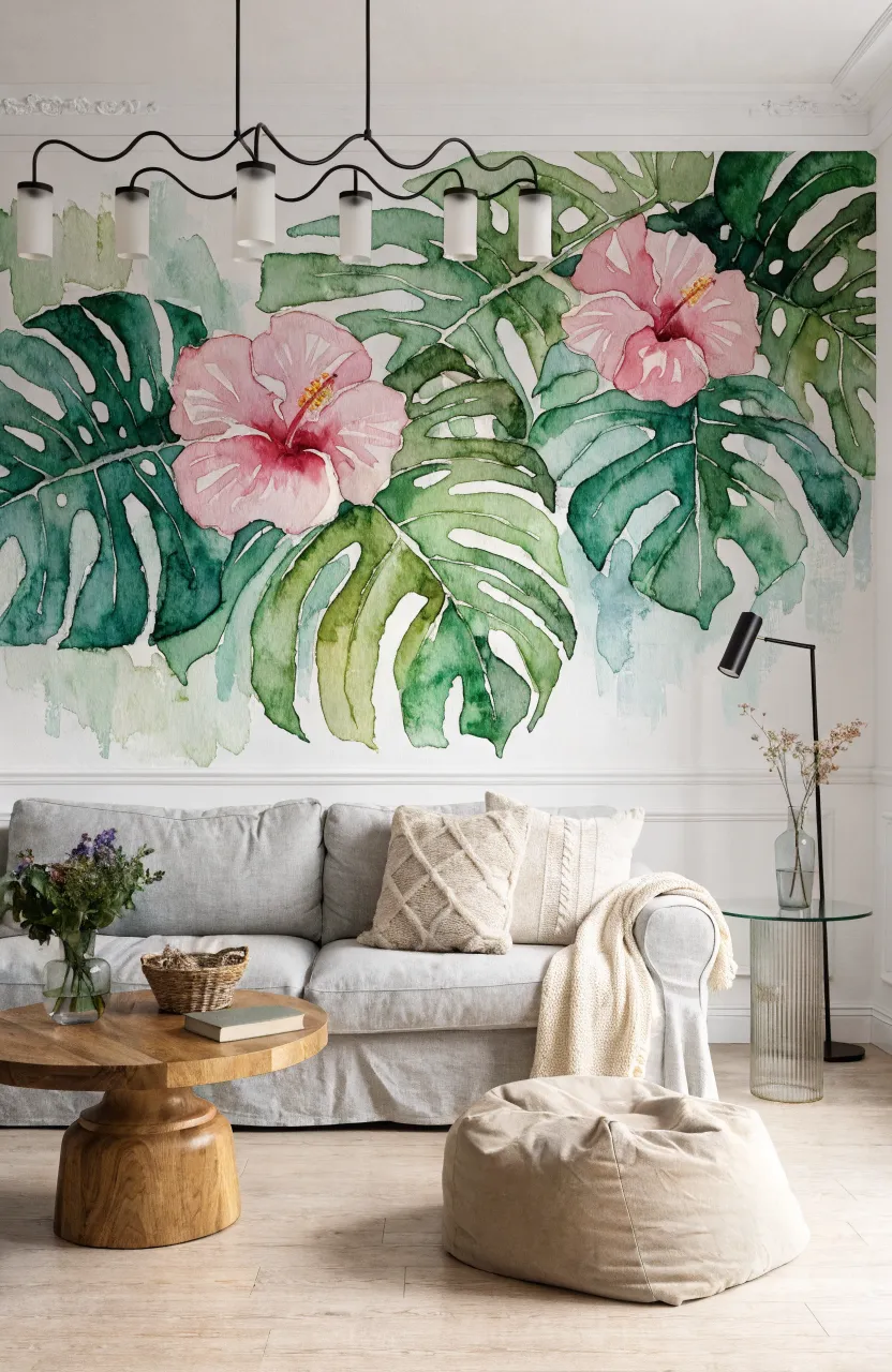 A sunlit living room with light green palm leaf patterns and white furniture.