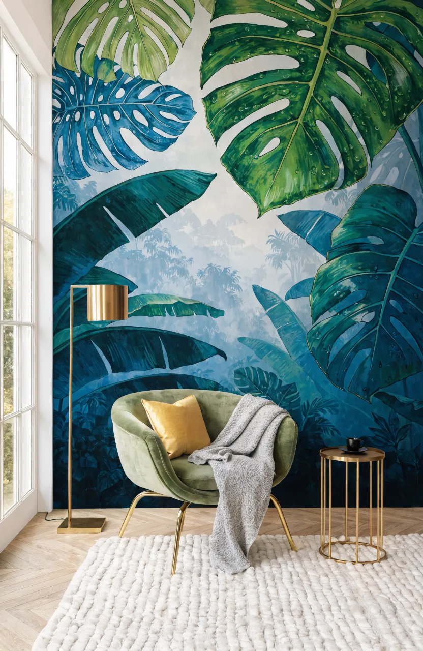 An expansive wall covered in high-definition tropical leaf prints in a dining area.
