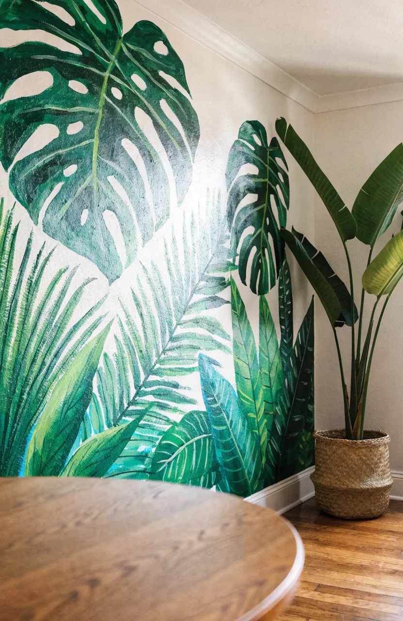 Boho tropical leaf stickers applied in a custom pattern on a bedroom wall.