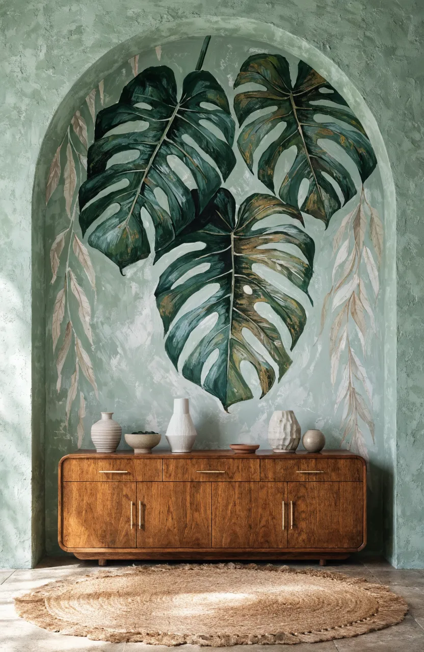 Large-scale green monstera leaves printed on a white background for a modern living room.