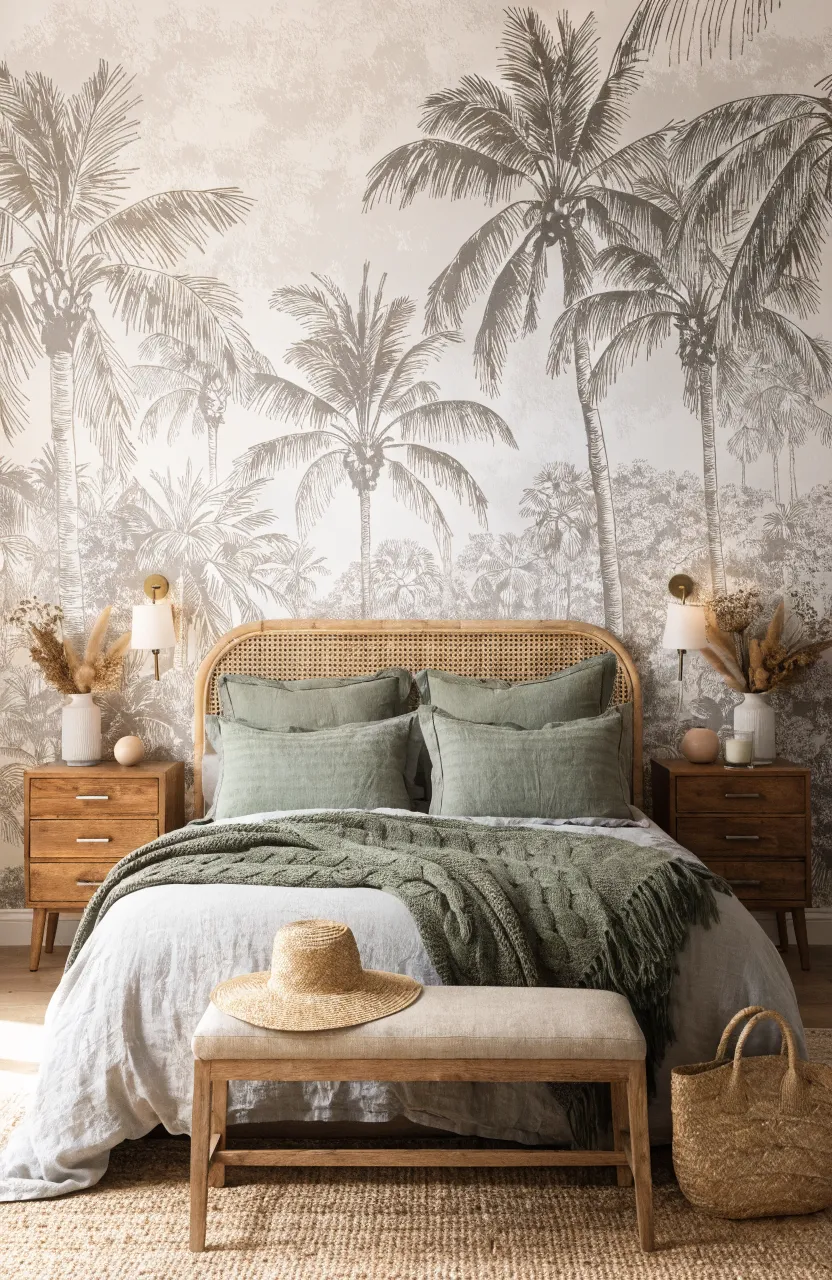 A bathroom or lounge area with a tropical palm leaf mural and light green accents.
