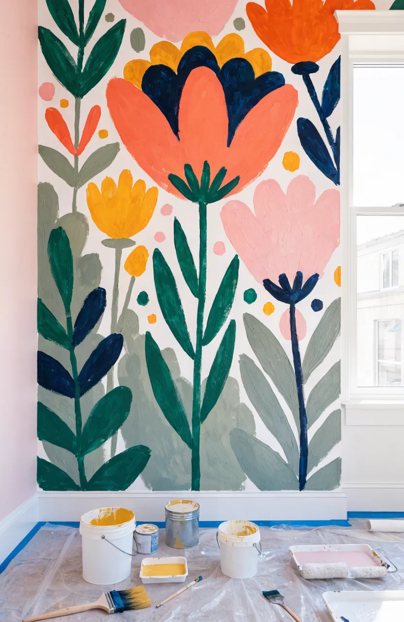 Intricate hand-painted floral and leaf details on a light-colored wall.