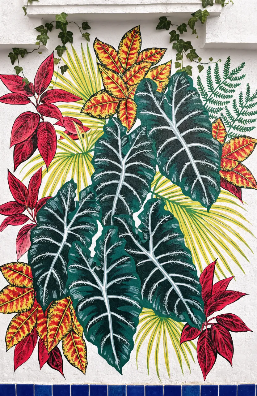 A bright room featuring a colorful wallpaper with exotic birds and jungle plants.