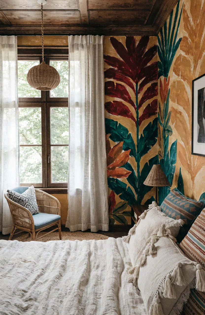 A bohemian style bedroom with a large scale leaf pattern wallpaper.