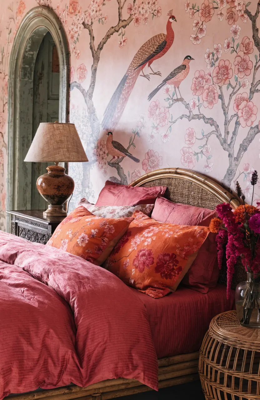 A bedroom featuring colorful vintage floral wallpaper with rich textures and warm lighting.