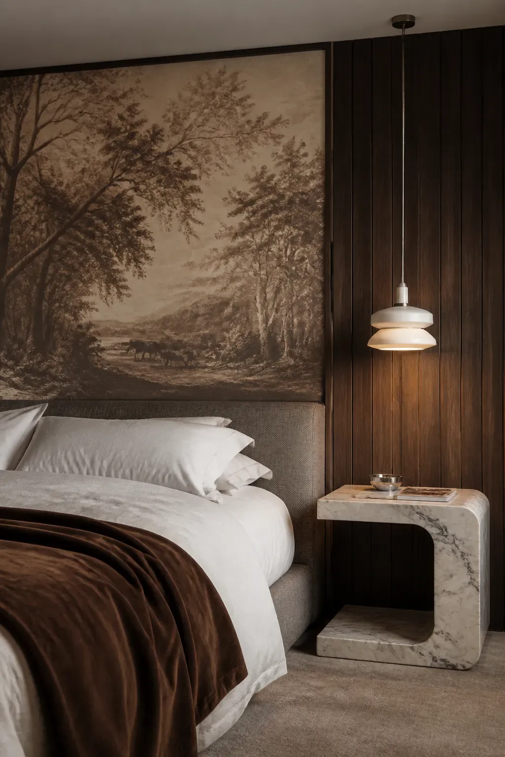 A bedroom with a vintage-style forest mural featuring faded sepia tones and classical illustrations.